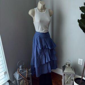 English Factory Blue and White Tiered Midi Skirt